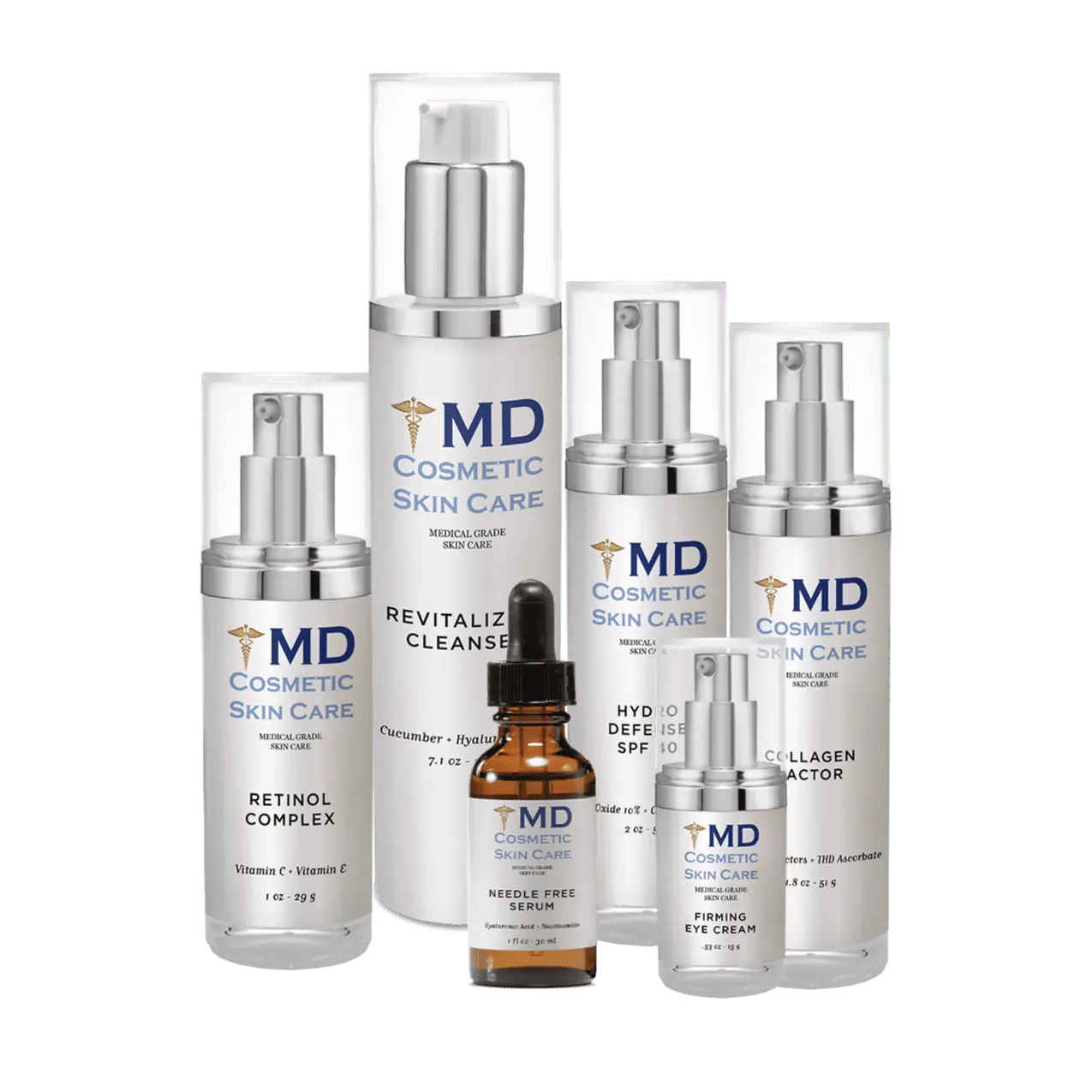 MD Cosmetic Care products: Retinol Complex, Cleanser, Needle Free Serum, SPF 40, Collagen Factor, and Firming Eye Cream.