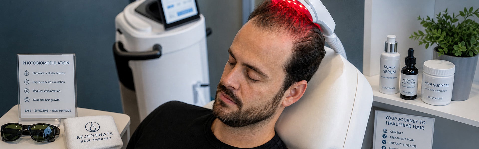 Client receiving a hair restoration treatment using red light therapy technology in a professional clinic setting.