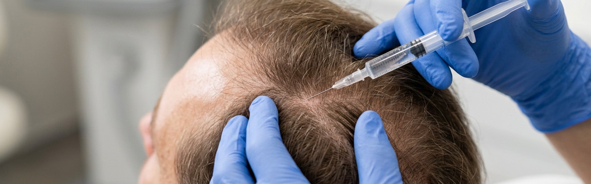 Medical professional performing a scalp injection treatment as part of a hair restoration procedure.