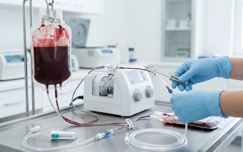 Gloved hands operating a medical device connected to a hanging blood bag and other blood components in a lab setting.
