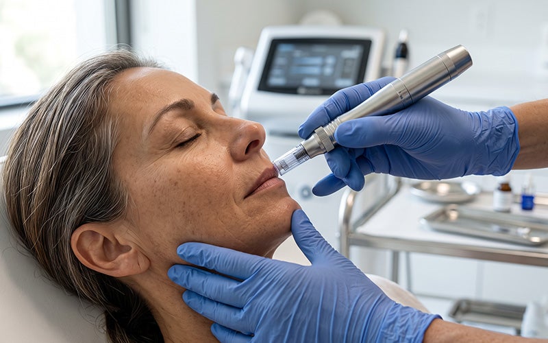 A woman with closed eyes receives microneedling treatment on her chin and lip area from a gloved professional.